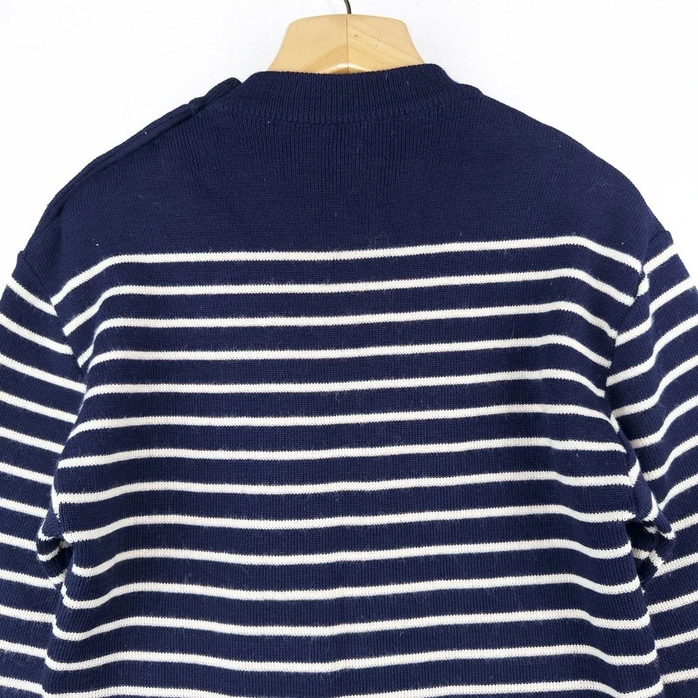 70's Saint James Wool Sweater Bretone Stripe Button Shoulder Made France Blue M